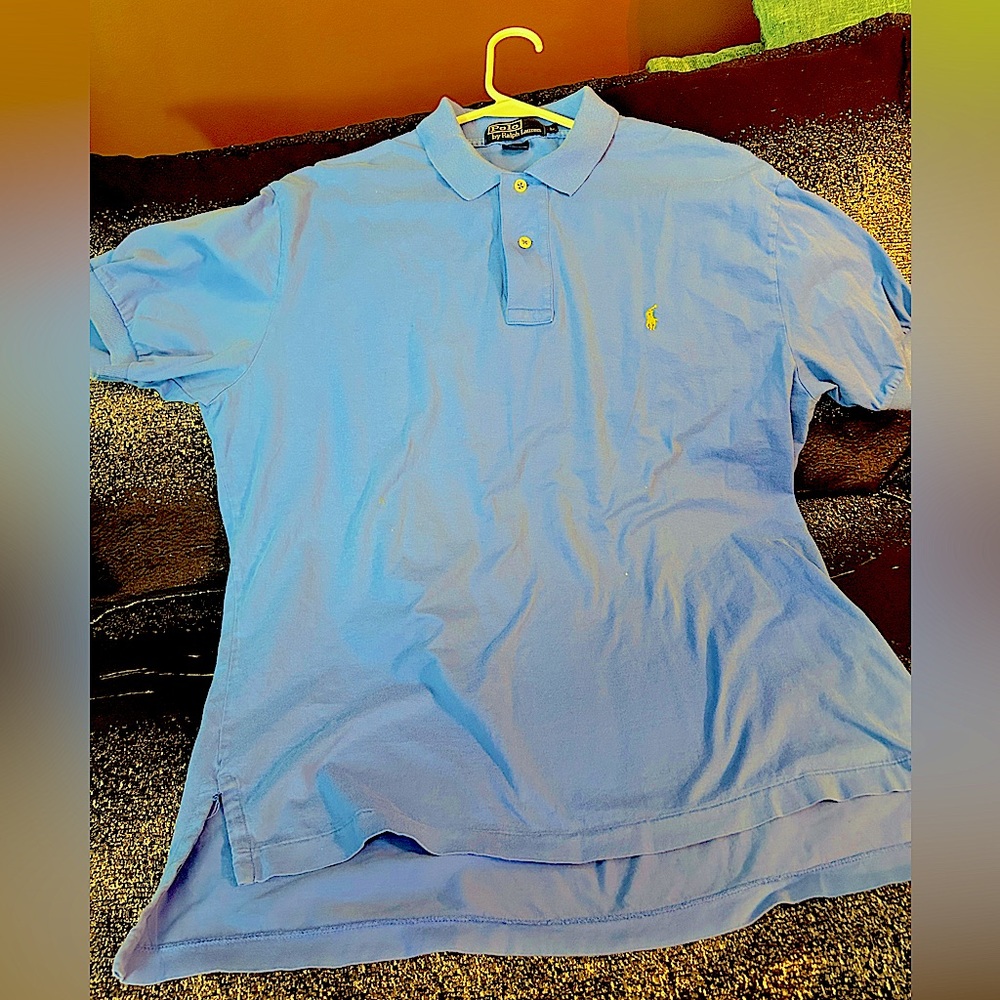 Polo Ralph Lauren collared shirt. Looks new. Yellow polo horse. Bright blue.